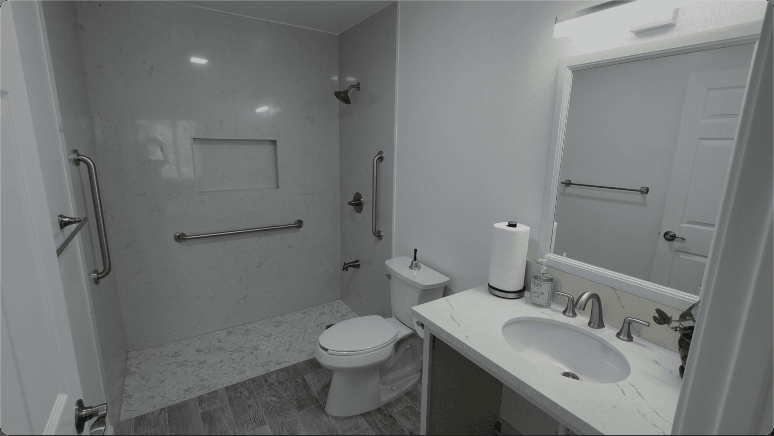Walk-in shower in a resident bathroom